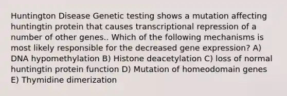 Huntington Disease Genetic testing shows a mutation affecting huntingtin protein that causes transcriptional repression of a number of other genes.. Which of the following mechanisms is most likely responsible for the decreased <a href='https://www.questionai.com/knowledge/kFtiqWOIJT-gene-expression' class='anchor-knowledge'>gene expression</a>? A) DNA hypomethylation B) Histone deacetylation C) loss of normal huntingtin protein function D) Mutation of homeodomain genes E) Thymidine dimerization