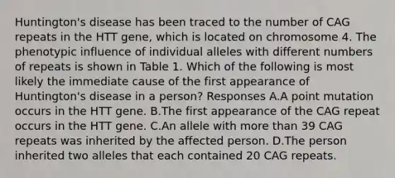 Huntington's disease has been traced to the number of CAG repeats in the HTT gene, which is located on chromosome 4. The phenotypic influence of individual alleles with different numbers of repeats is shown in Table 1. Which of the following is most likely the immediate cause of the first appearance of Huntington's disease in a person? Responses A.A point mutation occurs in the HTT gene. B.The first appearance of the CAG repeat occurs in the HTT gene. C.An allele with more than 39 CAG repeats was inherited by the affected person. D.The person inherited two alleles that each contained 20 CAG repeats.