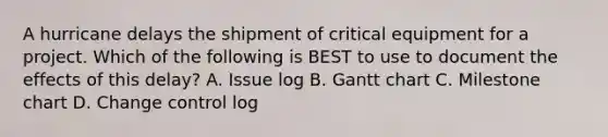 A hurricane delays the shipment of critical equipment for a project. Which of the following is BEST to use to document the effects of this delay? A. Issue log B. Gantt chart C. Milestone chart D. Change control log