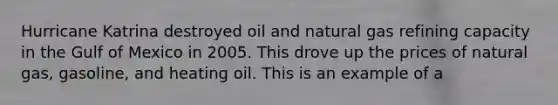 Hurricane Katrina destroyed oil and natural gas refining capacity in the Gulf of Mexico in 2005. This drove up the prices of natural gas, gasoline, and heating oil. This is an example of a