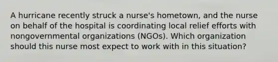 A hurricane recently struck a nurse's hometown, and the nurse on behalf of the hospital is coordinating local relief efforts with nongovernmental organizations (NGOs). Which organization should this nurse most expect to work with in this situation?