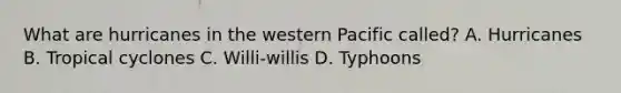 What are hurricanes in the western Pacific called? A. Hurricanes B. Tropical cyclones C. Willi-willis D. Typhoons