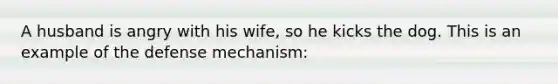 A husband is angry with his wife, so he kicks the dog. This is an example of the defense mechanism: