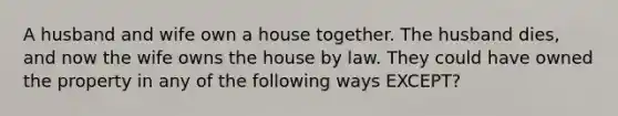 A husband and wife own a house together. The husband dies, and now the wife owns the house by law. They could have owned the property in any of the following ways EXCEPT?