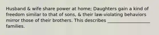 Husband & wife share power at home; Daughters gain a kind of freedom similar to that of sons, & their law-violating behaviors mirror those of their brothers. This describes ___________________ families.