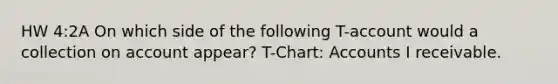 HW 4:2A On which side of the following T-account would a collection on account appear? T-Chart: Accounts I receivable.