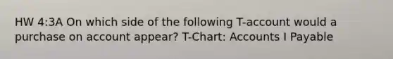 HW 4:3A On which side of the following T-account would a purchase on account appear? T-Chart: Accounts I Payable