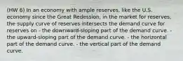 (HW 6) In an economy with ample reserves, like the U.S. economy since the Great Redession, in the market for reserves, the supply curve of reserves intersects the demand curve for reserves on - the downward-sloping part of the demand curve. - the upward-sloping part of the demand curve. - the horizontal part of the demand curve. - the vertical part of the demand curve.