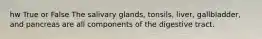 hw True or False The salivary glands, tonsils, liver, gallbladder, and pancreas are all components of the digestive tract.
