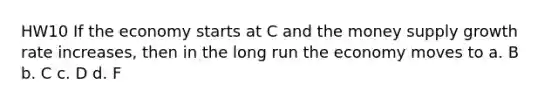 HW10 If the economy starts at C and the money supply growth rate increases, then in the long run the economy moves to a. B b. C c. D d. F