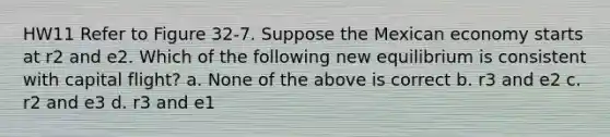 HW11 Refer to Figure 32-7. Suppose the Mexican economy starts at r2 and e2. Which of the following new equilibrium is consistent with capital flight? a. None of the above is correct b. r3 and e2 c. r2 and e3 d. r3 and e1