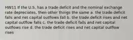 HW11 If the U.S. has a trade deficit and the nominal exchange rate depreciates, then other things the same a. the trade deficit falls and net capital outflows fall b. the trade deficit rises and net capital outflow falls c. the trade deficit falls and net capital outflows rise d. the trade deficit rises and net capital outflow rises