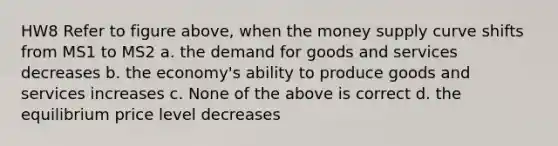 HW8 Refer to figure above, when the money supply curve shifts from MS1 to MS2 a. the demand for goods and services decreases b. the economy's ability to produce goods and services increases c. None of the above is correct d. the equilibrium price level decreases