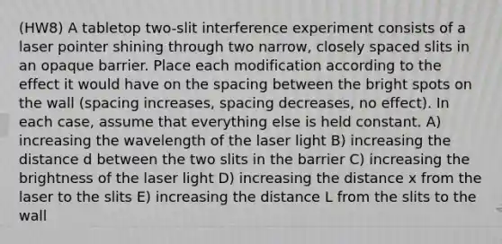 (HW8) A tabletop two-slit interference experiment consists of a laser pointer shining through two narrow, closely spaced slits in an opaque barrier. Place each modification according to the effect it would have on the spacing between the bright spots on the wall (spacing increases, spacing decreases, no effect). In each case, assume that everything else is held constant. A) increasing the wavelength of the laser light B) increasing the distance d between the two slits in the barrier C) increasing the brightness of the laser light D) increasing the distance x from the laser to the slits E) increasing the distance L from the slits to the wall