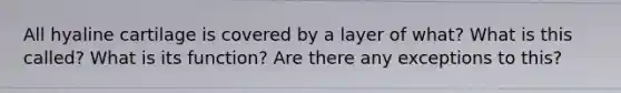 All hyaline cartilage is covered by a layer of what? What is this called? What is its function? Are there any exceptions to this?