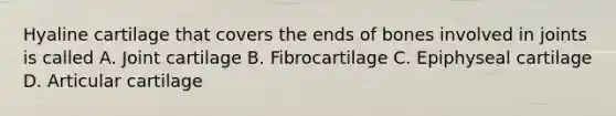 Hyaline cartilage that covers the ends of bones involved in joints is called A. Joint cartilage B. Fibrocartilage C. Epiphyseal cartilage D. Articular cartilage