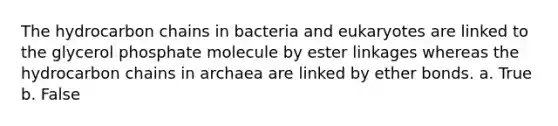 The hydrocarbon chains in bacteria and eukaryotes are linked to the glycerol phosphate molecule by ester linkages whereas the hydrocarbon chains in archaea are linked by ether bonds. a. True b. False