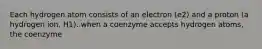 Each hydrogen atom consists of an electron (e2) and a proton (a hydrogen ion, H1). when a coenzyme accepts hydrogen atoms, the coenzyme