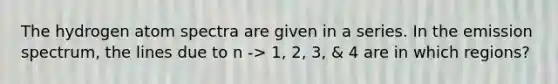 The hydrogen atom spectra are given in a series. In the emission spectrum, the lines due to n -> 1, 2, 3, & 4 are in which regions?