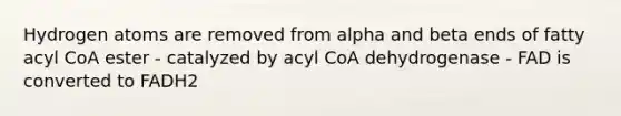 Hydrogen atoms are removed from alpha and beta ends of fatty acyl CoA ester - catalyzed by acyl CoA dehydrogenase - FAD is converted to FADH2