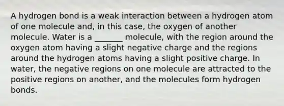 A hydrogen bond is a weak interaction between a hydrogen atom of one molecule and, in this case, the oxygen of another molecule. Water is a _______ molecule, with the region around the oxygen atom having a slight negative charge and the regions around the hydrogen atoms having a slight positive charge. In water, the negative regions on one molecule are attracted to the positive regions on another, and the molecules form hydrogen bonds.