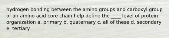 hydrogen bonding between the amino groups and carboxyl group of an amino acid core chain help define the ____ level of protein organization a. primary b. quaternary c. all of these d. secondary e. tertiary