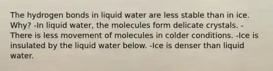 The hydrogen bonds in liquid water are less stable than in ice. Why? -In liquid water, the molecules form delicate crystals. -There is less movement of molecules in colder conditions. -Ice is insulated by the liquid water below. -Ice is denser than liquid water.