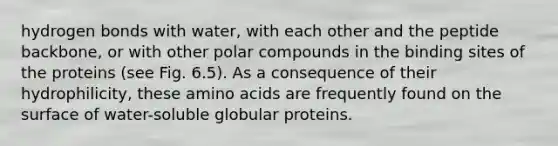 hydrogen bonds with water, with each other and the peptide backbone, or with other polar compounds in the binding sites of the proteins (see Fig. 6.5). As a consequence of their hydrophilicity, these amino acids are frequently found on the surface of water-soluble globular proteins.