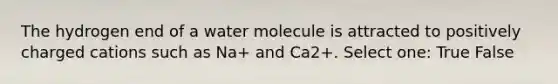 The hydrogen end of a water molecule is attracted to positively charged cations such as Na+ and Ca2+. Select one: True False