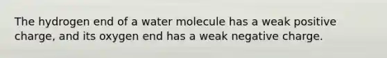 The hydrogen end of a water molecule has a weak positive charge, and its oxygen end has a weak negative charge.