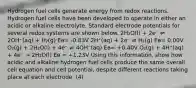 Hydrogen fuel cells generate energy from redox reactions. Hydrogen fuel cells have been developed to operate in either an acidic or alkaline electrolyte. Standard electrode potentials for several redox systems are shown below. 2H₂O(l) + 2e⁻ ⇌ 2OH⁻(aq) + H₂(g) Eө= -0.83V 2H⁺(aq) + 2e⁻ ⇌ H₂(g) Eө= 0.00V O₂(g) + 2H₂O(l) + 4e⁻ ⇌ 4OH⁻(aq) Eө= +0.40V O₂(g) + 4H⁺(aq) + 4e⁻ → 2H₂O(l) Eө = +1.23V Using this information, show how acidic and alkaline hydrogen fuel cells produce the same overall cell equation and cell potential, despite different reactions taking place at each electrode. (4)