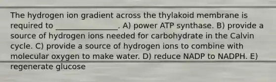 The hydrogen ion gradient across the thylakoid membrane is required to ________________. A) power ATP synthase. B) provide a source of hydrogen ions needed for carbohydrate in the Calvin cycle. C) provide a source of hydrogen ions to combine with molecular oxygen to make water. D) reduce NADP to NADPH. E) regenerate glucose