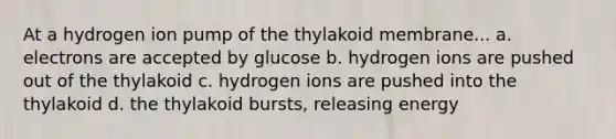 At a hydrogen ion pump of the thylakoid membrane... a. electrons are accepted by glucose b. hydrogen ions are pushed out of the thylakoid c. hydrogen ions are pushed into the thylakoid d. the thylakoid bursts, releasing energy