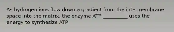 As hydrogen ions flow down a gradient from the intermembrane space into the matrix, the enzyme ATP __________ uses the energy to synthesize ATP