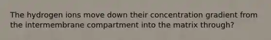 The hydrogen ions move down their concentration gradient from the intermembrane compartment into the matrix through?