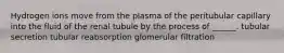 Hydrogen ions move from the plasma of the peritubular capillary into the fluid of the renal tubule by the process of ______. tubular secretion tubular reabsorption glomerular filtration