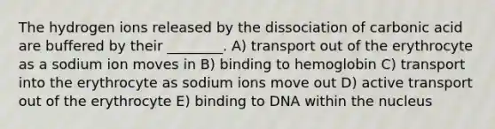 The hydrogen ions released by the dissociation of carbonic acid are buffered by their ________. A) transport out of the erythrocyte as a sodium ion moves in B) binding to hemoglobin C) transport into the erythrocyte as sodium ions move out D) active transport out of the erythrocyte E) binding to DNA within the nucleus