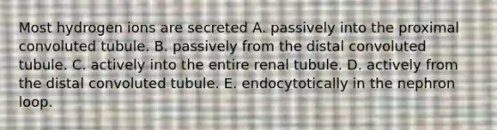 Most hydrogen ions are secreted A. passively into the proximal convoluted tubule. B. passively from the distal convoluted tubule. C. actively into the entire renal tubule. D. actively from the distal convoluted tubule. E. endocytotically in the nephron loop.