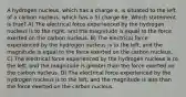 A hydrogen nucleus, which has a charge e, is situated to the left of a carbon nucleus, which has a 5) charge 6e. Which statement is true? A) The electrical force experienced by the hydrogen nucleus is to the right, and the magnitude is equal to the force exerted on the carbon nucleus. B) The electrical force experienced by the hydrogen nucleus is to the left, and the magnitude is equal to the force exerted on the carbon nucleus. C) The electrical force experienced by the hydrogen nucleus is to the left, and the magnitude is greater than the force exerted on the carbon nucleus. D) The electrical force experienced by the hydrogen nucleus is to the left, and the magnitude is less than the force exerted on the carbon nucleus.