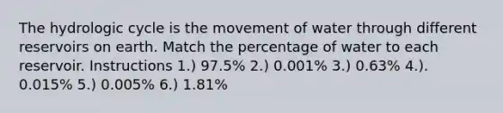 The hydrologic cycle is the movement of water through different reservoirs on earth. Match the percentage of water to each reservoir. Instructions 1.) 97.5% 2.) 0.001% 3.) 0.63% 4.). 0.015% 5.) 0.005% 6.) 1.81%