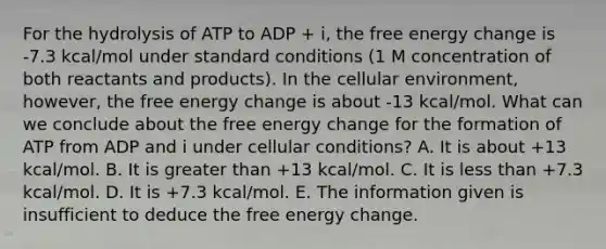 For the hydrolysis of ATP to ADP + i, the free energy change is -7.3 kcal/mol under standard conditions (1 M concentration of both reactants and products). In the cellular environment, however, the free energy change is about -13 kcal/mol. What can we conclude about the free energy change for the formation of ATP from ADP and i under cellular conditions? A. It is about +13 kcal/mol. B. It is greater than +13 kcal/mol. C. It is less than +7.3 kcal/mol. D. It is +7.3 kcal/mol. E. The information given is insufficient to deduce the free energy change.