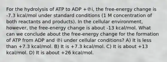 For the hydrolysis of ATP to ADP +℗i, the free-energy change is -7.3 kcal/mol under standard conditions (1 M concentration of both reactants and products). In the cellular environment, however, the free-energy change is about -13 kcal/mol. What can we conclude about the free-energy change for the formation of ATP from ADP and ℗i under cellular conditions? A) It is less than +7.3 kcal/mol. B) It is +7.3 kcal/mol. C) It is about +13 kcal/mol. D) It is about +26 kcal/mol.