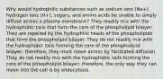 Why would hydrophilic substances such as sodium ions (Na+), hydrogen ions (H+), sugars, and amino acids be unable to simply diffuse across a plasma membrane? They readily mix with the hydrophobic tails that form the core of the phospholipid bilayer. They are repelled by the hydrophilic heads of the phospholipids that form the phospholipid bilayer. They do not readily mix with the hydrophobic tails forming the core of the phospholipid bilayer; therefore, they must move across by facilitated diffusion. They do not readily mix with the hydrophobic tails forming the core of the phospholipid bilayer; therefore, the only way they can move into the cell is by endocytosis.