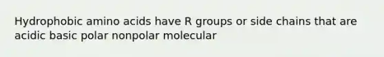 Hydrophobic amino acids have R groups or side chains that are acidic basic polar nonpolar molecular