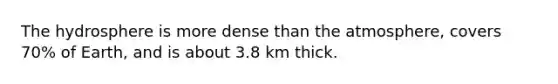 The hydrosphere is more dense than the atmosphere, covers 70% of Earth, and is about 3.8 km thick.