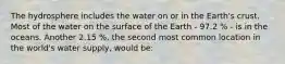 The hydrosphere includes the water on or in the Earth's crust. Most of the water on the surface of the Earth - 97.2 % - is in the oceans. Another 2.15 %, the second most common location in the world's water supply, would be: