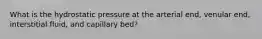 What is the hydrostatic pressure at the arterial end, venular end, interstitial fluid, and capillary bed?