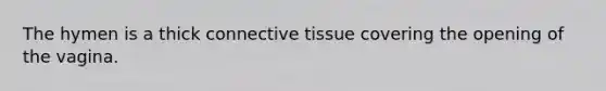 The hymen is a thick connective tissue covering the opening of the vagina.