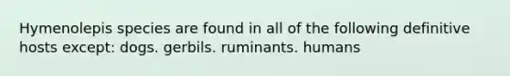 Hymenolepis species are found in all of the following definitive hosts except: dogs. gerbils. ruminants. humans