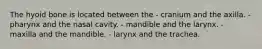 The hyoid bone is located between the - cranium and the axilla. - pharynx and the nasal cavity. - mandible and the larynx. - maxilla and the mandible. - larynx and the trachea.